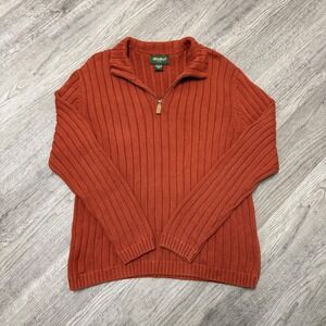 Eddie Bauer Mens Large Burnt Orange Ribbed 100% Cotton Quarter Zip Sweater Japan